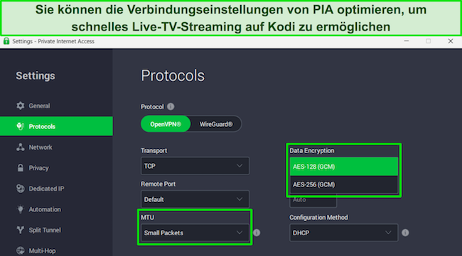 Die Windows-App von PIA zeigt die Protokolleinstellungen und hebt Datenverschl&uuml;sselung und MTU-Elemente hervor.