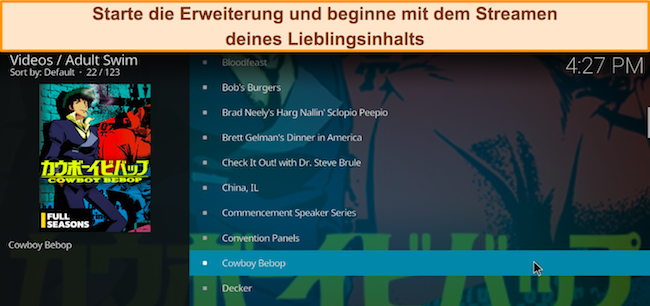 Screenshot des ge&ouml;ffneten Kodi-Add-ons &bdquo;Adult Swim&ldquo;, mit hervorgehobenem Cowboy Bebop und bereit zum Streamen.