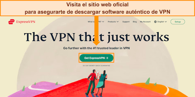 Captura de pantalla del sitio web de ExpressVPN con el bot&oacute;n "Obtener ExpressVPN" resaltado.