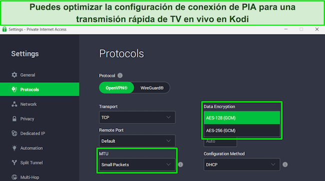 Aplicaci&oacute;n de Windows de PIA, que muestra la configuraci&oacute;n de los protocolos y resalta el cifrado de datos y los elementos de MTU.
