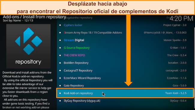 Captura de pantalla de Kodi que muestra d&oacute;nde est&aacute; el repositorio oficial de complementos de Kodi.