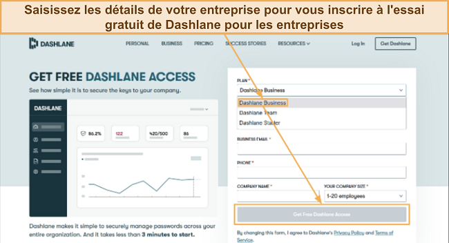 Capture d'&eacute;cran montrant comment s'inscrire &agrave; l'essai gratuit de Dashlane pour les entreprises