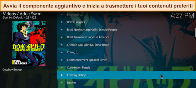 Screenshot del componente aggiuntivo Adult Swim Kodi aperto, con Cowboy Bebop evidenziato e pronto per lo streaming.