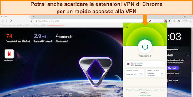 Immagine del browser Brave aperto in una nuova scheda, con l'estensione del browser Chrome di ExpressVPN connessa a un server Regno Unito &ndash; Londra.