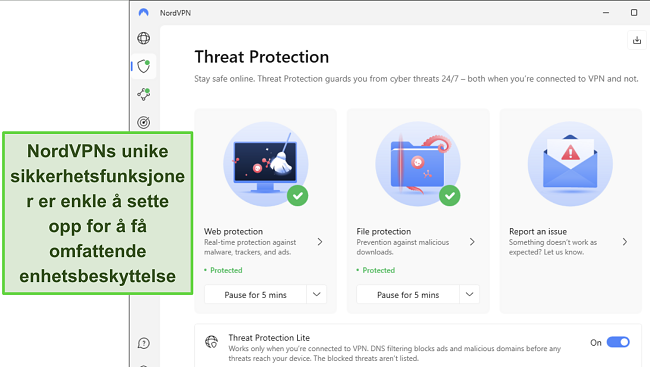 Skjermbilde av NordVPN's Windows-app, viser at Trusselbeskyttelse-funksjonen er sl&aring;tt p&aring;