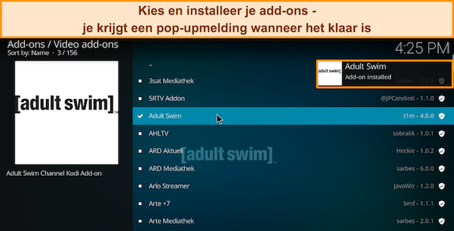 Schermafbeelding van de verschillende add-ons, waarbij Adult Swim gemarkeerd en ge&iuml;nstalleerd is.