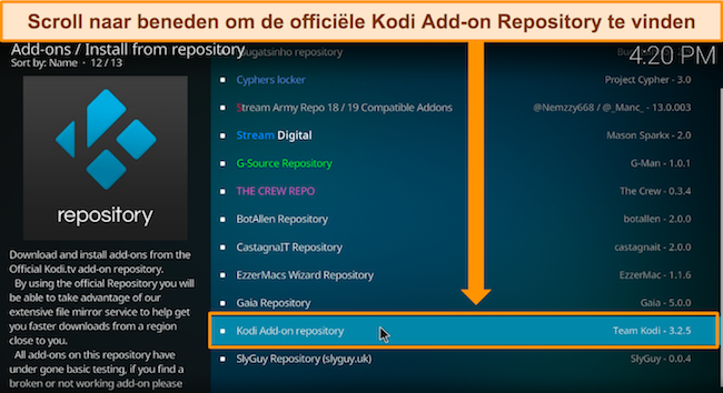 Schermafbeelding van Kodi die laat zien waar de offici&euml;le Kodi-add-on-repository is.