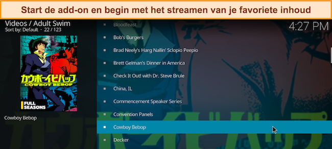 Schermafbeelding van de add-on Adult Swim Kodi geopend, met Cowboy Bebop gemarkeerd en klaar om te streamen.