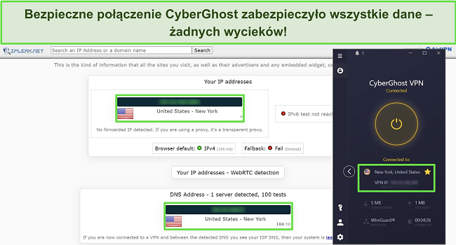 Zrzut ekranu z testu wycieku IP z połączonym CyberGhostem do serwera w USA, pokazujący brak wyciek&oacute;w danych