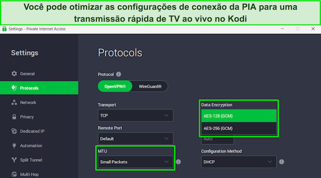 Aplicativo para Windows da PIA, mostrando as configura&ccedil;&otilde;es dos protocolos e destacando a criptografia de dados e itens de MTU.