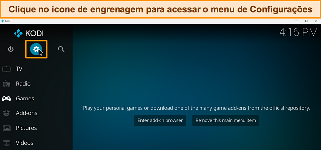 Captura de tela do Kodi com o &iacute;cone de engrenagem destacado.