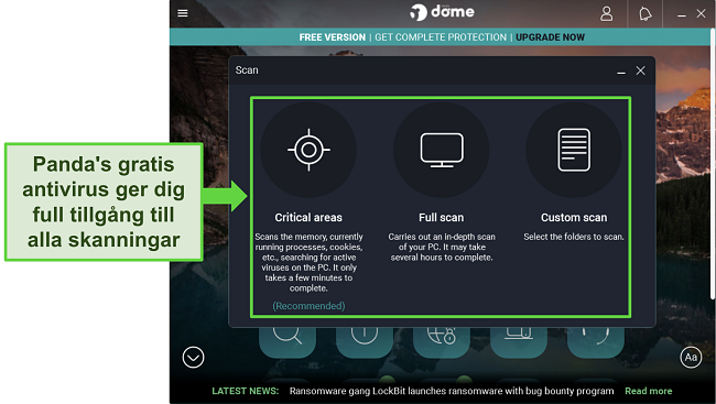 Sk&auml;rmdump av Panda's gratis antivirus p&aring; en Windows-enhet, som visar att alla 3 skanningar &auml;r tillg&auml;ngliga
