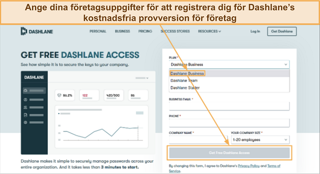 Sk&auml;rmbild som visar hur man registrerar sig f&ouml;r Dashlane's kostnadsfria provversion f&ouml;r f&ouml;retag