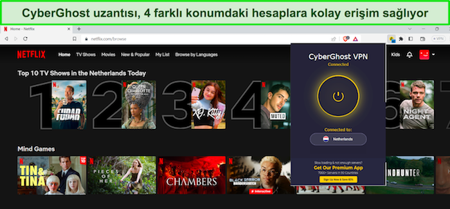 Brave tarayıcısında Netflix Hollanda'nın mevcut olduğu, Hollanda'daki bir sunucuya bağlı CyberGhost proxy uzantısının g&ouml;r&uuml;nt&uuml;s&uuml;