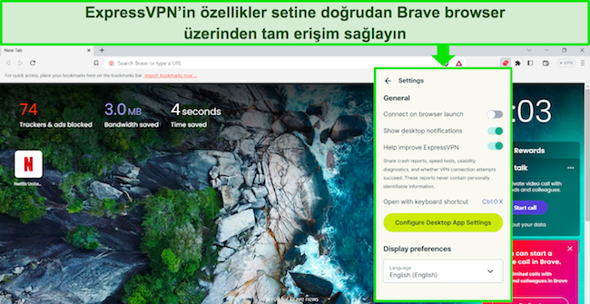ExpressVPN'in Brave tarayıcısıyla kullanılan tarayıcı uzantısının g&ouml;r&uuml;nt&uuml;s&uuml;.