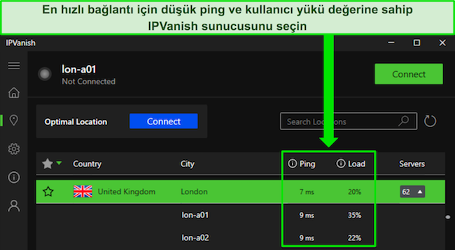 IPVanish'in Windows uygulamasının Birleşik Krallık-Londra sunucularını g&ouml;steren ve en hızlı bağlantıyı se&ccedil;mek i&ccedil;in d&uuml;ş&uuml;k ping ve kullanıcı y&uuml;k&uuml;n&uuml; vurgulayan g&ouml;r&uuml;nt&uuml;s&uuml;.