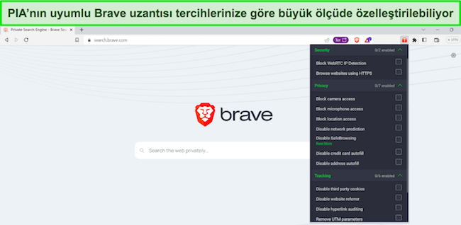 &Ouml;zelleştirme i&ccedil;in mevcut bir&ccedil;ok g&uuml;venlik, gizlilik ve izleme se&ccedil;eneğini g&ouml;steren, PIA'nın tarayıcı uzantısı a&ccedil;ık olan Brave tarayıcısının g&ouml;r&uuml;nt&uuml;s&uuml;.