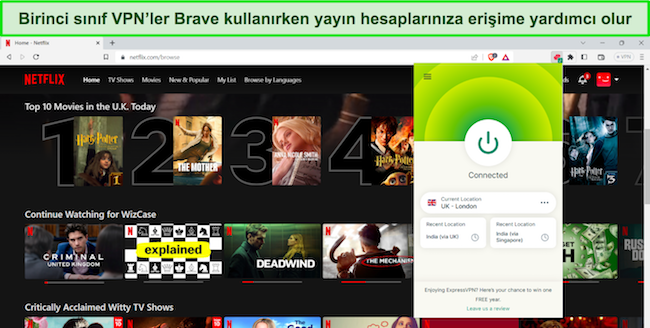 ExpressVPN'in tarayıcı uzantısının Birleşik Krallık sunucusuna bağlı olduğu, Birleşik Krallık Netflix i&ccedil;erik se&ccedil;eneklerini g&ouml;steren Brave tarayıcısının g&ouml;r&uuml;nt&uuml;s&uuml;.