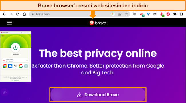 ExpressVPN'in Birleşik Krallık - Londra sunucusuna bağlı olduğu, indirme d&uuml;ğmesini vurgulayan Brave tarayıcı web sayfasının ekran g&ouml;r&uuml;nt&uuml;s&uuml;.