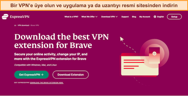 ExpressVPN'in mevcut uzantısını ve Brave tarayıcıyla uyumluluğunu ayrıntılarıyla g&ouml;steren web sayfasının ekran g&ouml;r&uuml;nt&uuml;s&uuml;.