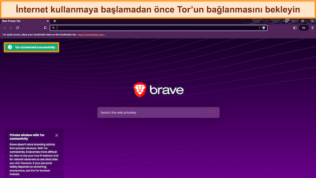 Brave'in Tor tarayıcı penceresinin, kullanıcıdan g&ouml;z atmadan &ouml;nce Tor'un bağlandığından emin olmasını isteyen g&ouml;r&uuml;nt&uuml;s&uuml;.