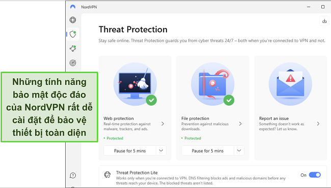 Ảnh chụp m&agrave;n h&igrave;nh ứng dụng Windows của NordVPN, cho thấy t&iacute;nh năng Bảo vệ khỏi mối đe dọa được bật