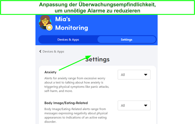 Screenshot der &Uuml;berwachungsempfindlichkeiten anpassen