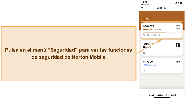 Captura de pantalla mostrando c&oacute;mo acceder a las funciones de seguridad de Norton en iOS