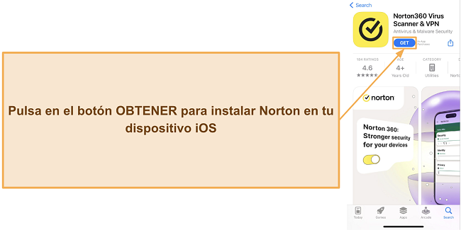 Captura de pantalla mostrando c&oacute;mo instalar Norton en dispositivos iOS
