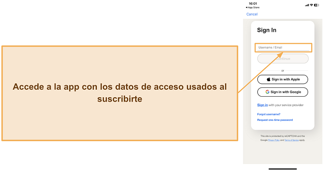 Captura de pantalla mostrando c&oacute;mo iniciar sesi&oacute;n en la aplicaci&oacute;n m&oacute;vil de Norton