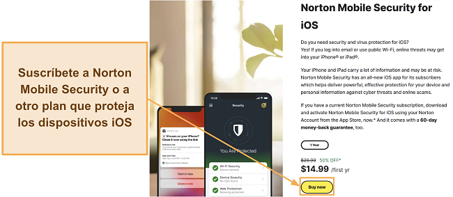 Captura de pantalla mostrando c&oacute;mo suscribirse a Norton Mobile Security