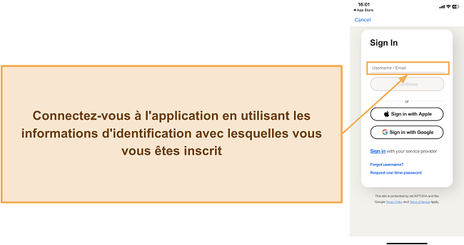 Capture d'&eacute;cran montrant comment se connecter &agrave; l'application mobile Norton
