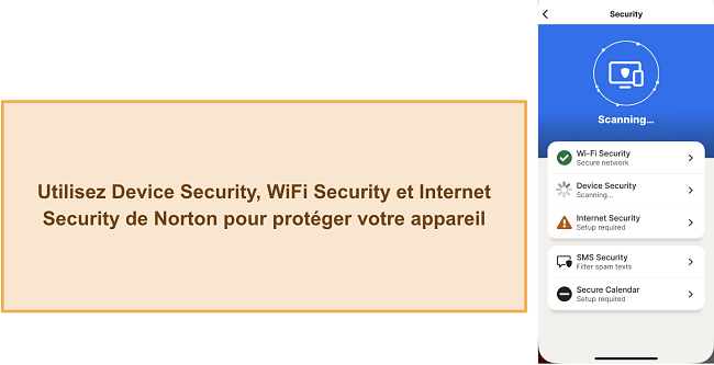 Capture d'&eacute;cran des diff&eacute;rentes fonctionnalit&eacute;s de s&eacute;curit&eacute; de Norton