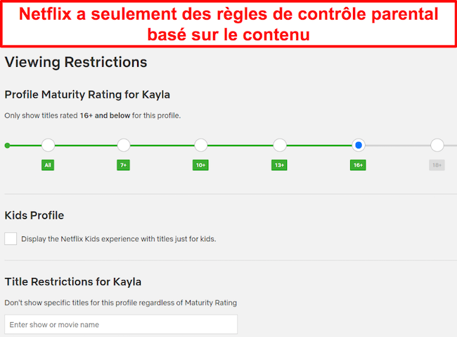 Capture d'&eacute;cran des restrictions d'affichage de Netflix