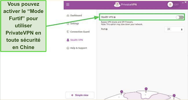 Capture d'écran des paramètres du Mode Furtif sur l'application PrivateVPN Capture d'écran des paramètres du Mode Furtif sur l'application PrivateVPN