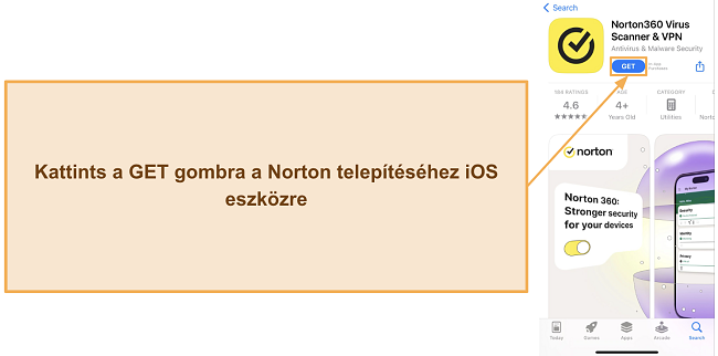 K&eacute;pernyők&eacute;p a Norton telep&iacute;t&eacute;s&eacute;ről iOS eszk&ouml;z&ouml;kre