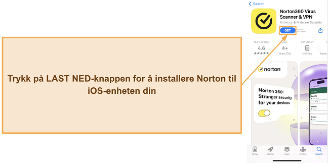 Skjermbilde som viser hvordan man installerer Norton p&aring; iOS-enheter