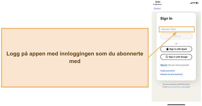 Skjermbilde som viser hvordan man logger inn p&aring; Nortons mobilapp