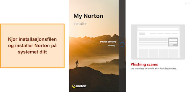 Norton kj&oslash;rer oppsettet og installer skjermbilde
