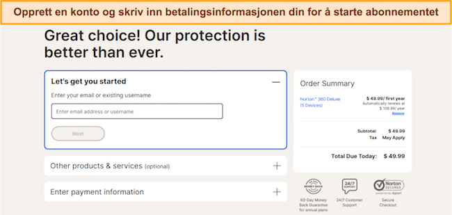 Norton registrer deg og abonner p&aring; skjermbilde
