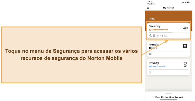 Captura de tela mostrando como acessar as funcionalidades de seguran&ccedil;a da Norton no iOS