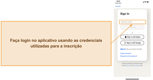 Captura de tela mostrando como fazer login no aplicativo m&oacute;vel da Norton