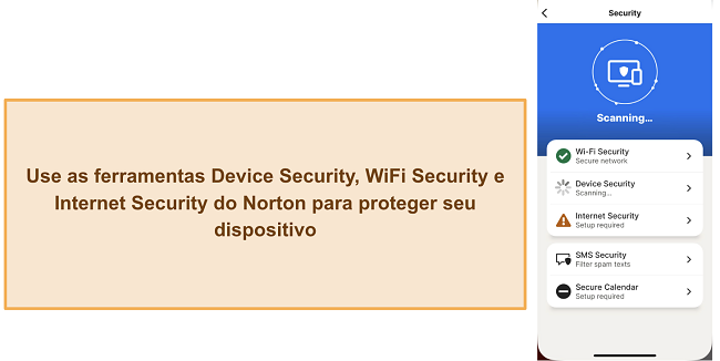 Captura de tela das diversas funcionalidades de seguran&ccedil;a da Norton
