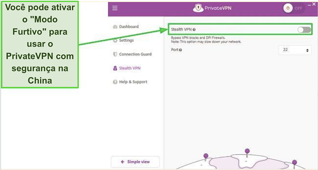 Captura de tela das configura&ccedil;&otilde;es do Modo Furtivo no aplicativo do PrivateVPN