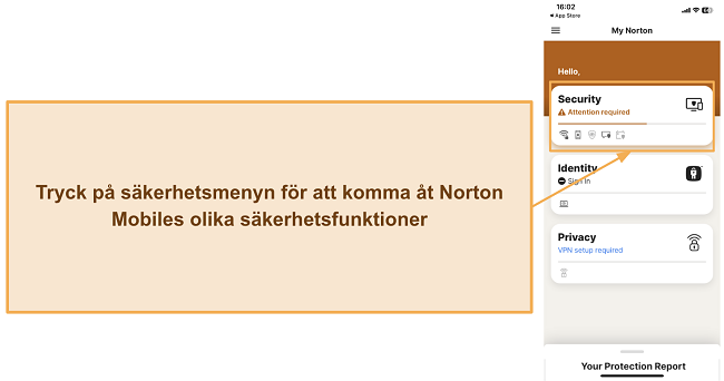 Sk&auml;rmdump som visar hur man f&aring;r &aring;tkomst till Nortons s&auml;kerhetsfunktioner p&aring; iOS