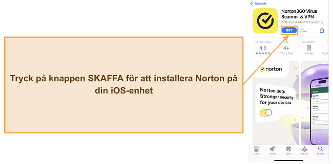 Sk&auml;rmdump som visar hur man installerar Norton p&aring; iOS-enheter