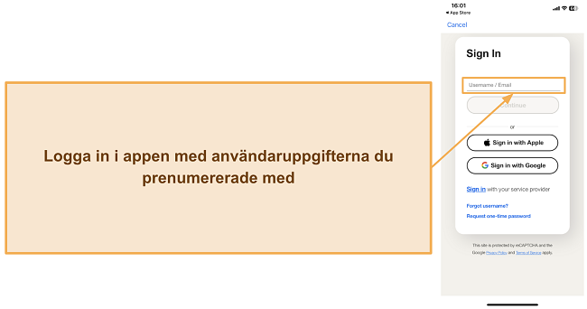 Sk&auml;rmdump som visar hur man loggar in p&aring; Nortons mobilapp