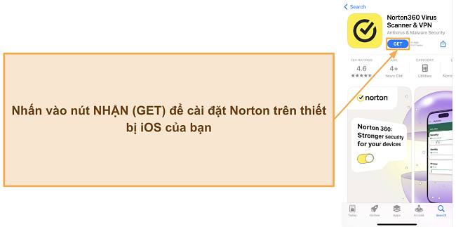 Ảnh chụp m&agrave;n h&igrave;nh hướng dẫn c&aacute;ch c&agrave;i đặt Norton tr&ecirc;n thiết bị iOS