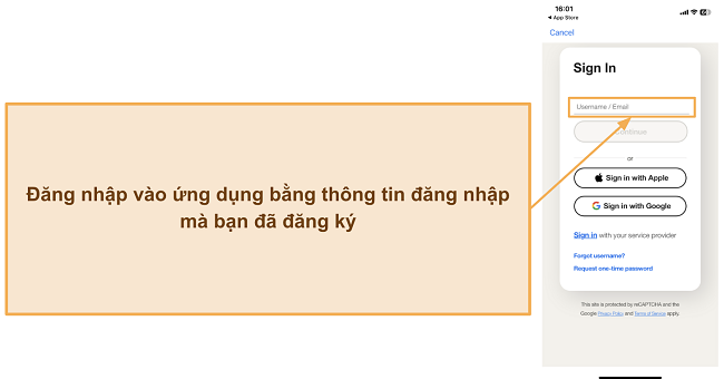 Ảnh chụp m&agrave;n h&igrave;nh hướng dẫn c&aacute;ch đăng nhập v&agrave;o ứng dụng di động của Norton