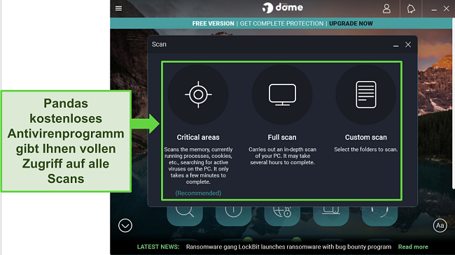 Screenshot von Pandas kostenlosem Antivirenprogramm auf einem Windows-Ger&auml;t, der zeigt, dass alle 3 Scans verf&uuml;gbar sind